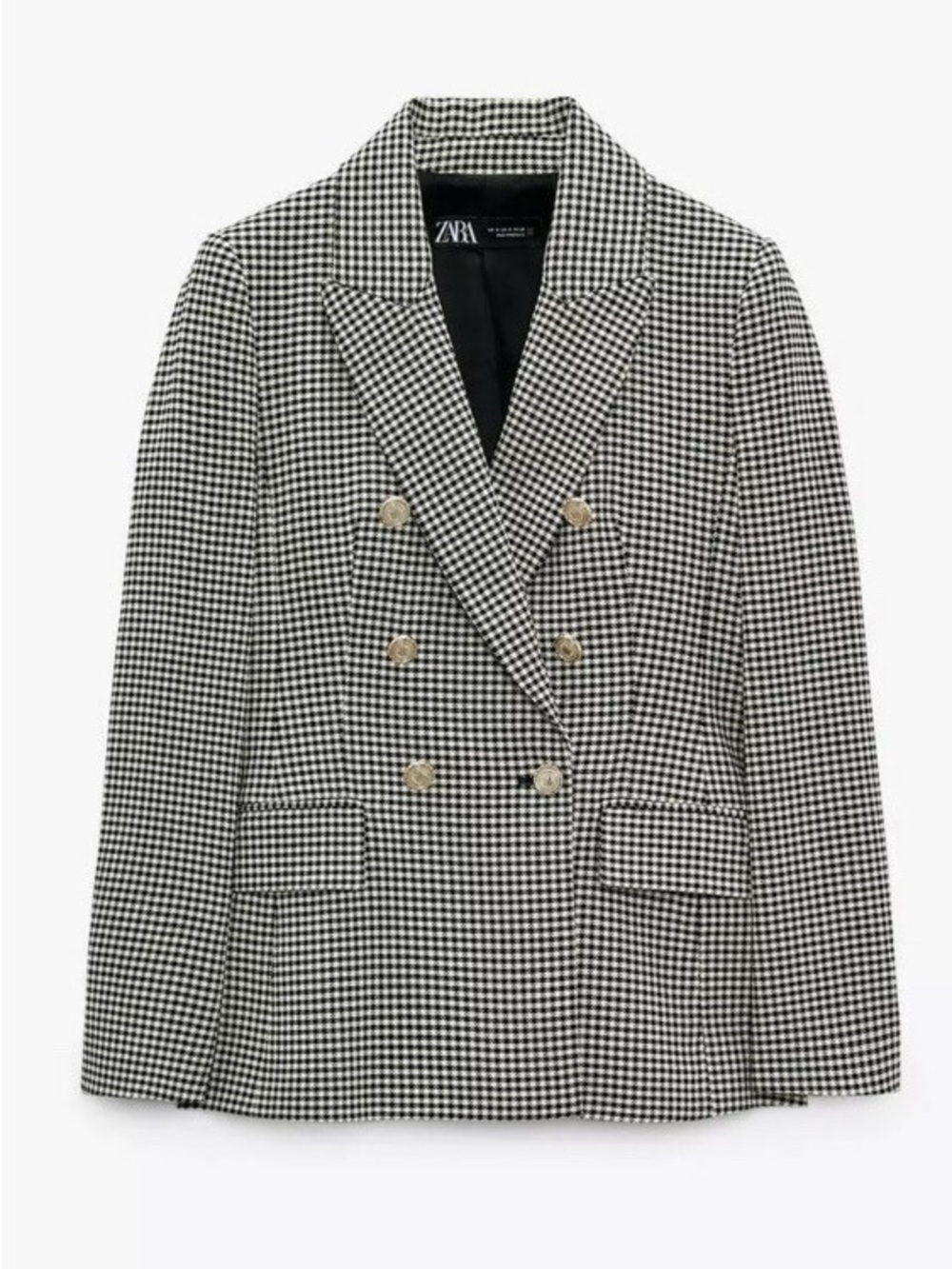 Zara Black & White Houndstooth Double-Breasted Blazer with Gold Buttons